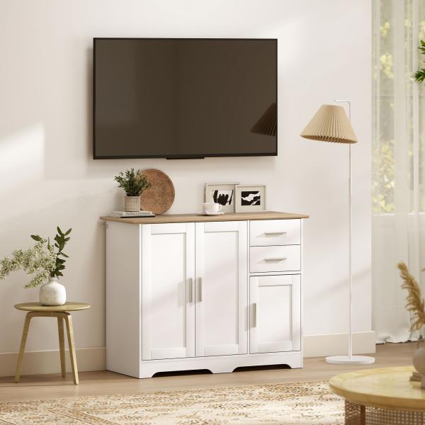 Aparador para Sala com 2 Gavetas, Armário de Cozinha com Prateleira Ajustável, 100 x 40 x 78 cm, Branco e Natural