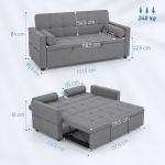 Sofá - Cama 2 Lugares 3 em 1 Deslizante em Tecido Linho com Encosto Ajustável Bolsos 2 Almofadas para Sala de Estar Cinzento