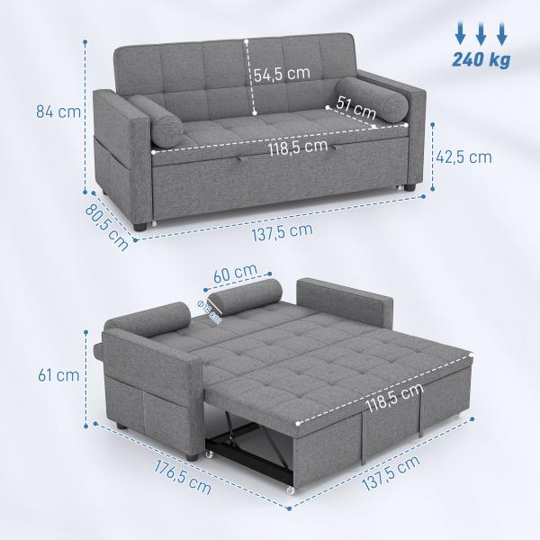 Sofá - Cama 2 Lugares 3 em 1 Deslizante em Tecido Linho com Encosto Ajustável Bolsos 2 Almofadas para Sala de Estar Cinzento