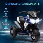 Moto Elétrica Infantil 6V com 3 Rodas Música Buzina e Faróis para Passeio de Crianças Azul 86x42x52 cm