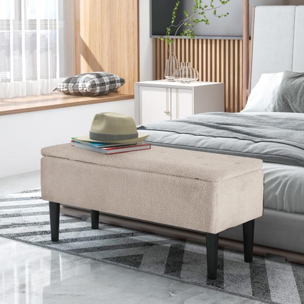 Banco de Armazenamento em Borrego Capacidade 47L Tampa Abatível e Pés de Madeira de Borracha Carga 120 kg 95x38x45 cm Bege