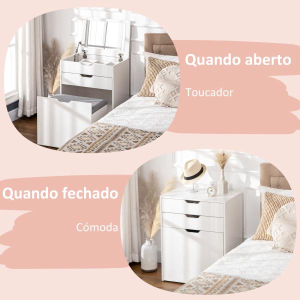 Toucador com Banco Oculto e Espelho Rebatível Mesa de Maquilhagem com Gaveta e 7 Compartimentos Banco Acolchoado Branco