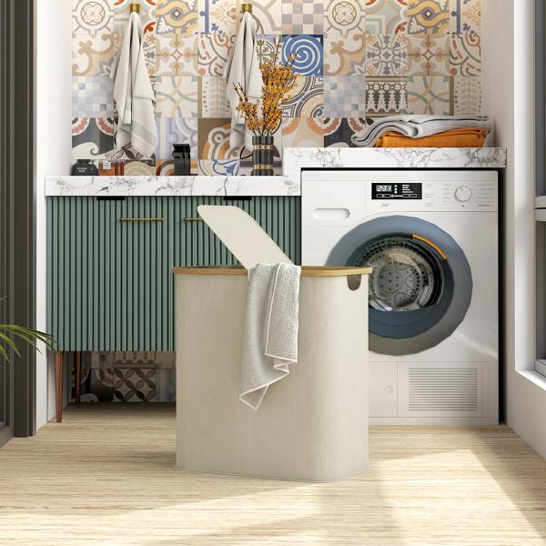 Cesto para Roupa Suja Dobrável com Tampa 80 L em Tecido Não Tecido, 2 Compartimentos, Asas, 54x34x58,5 cm, Bege