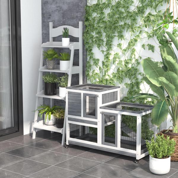 Coelheira de Madeira Interior com Rodas Gaiola para Coelhos Animais Pequenos de 2 Pisos com Zona Aberta Rampa e 2 Bandejas Removíveis 110x50x86cm Cinza