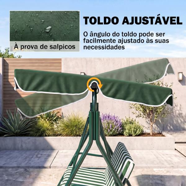 Baloiço de Jardim de 3 Lugares com Almofada Toldo Ajustável e Estrutura de Metal 172x110x153cm Verde e Branco
