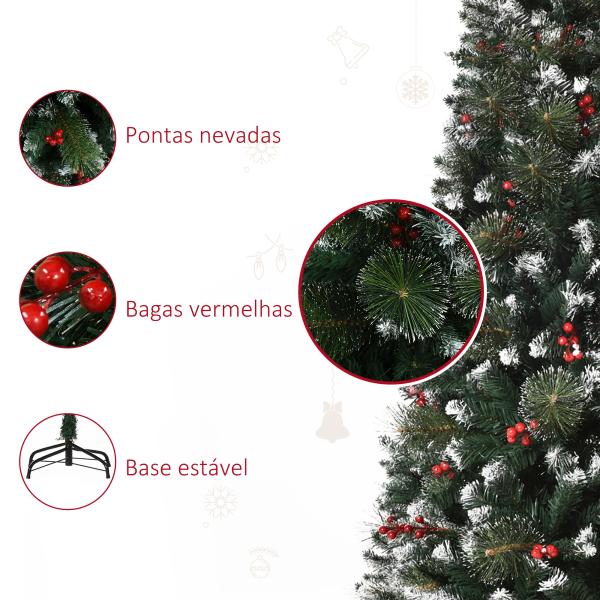 Árvore de Natal Artificial 150cm Ignífugo com 360 Ramos 38 Bagas Folhas de PVC Base Dobrável e Suporte Metálico Verde
