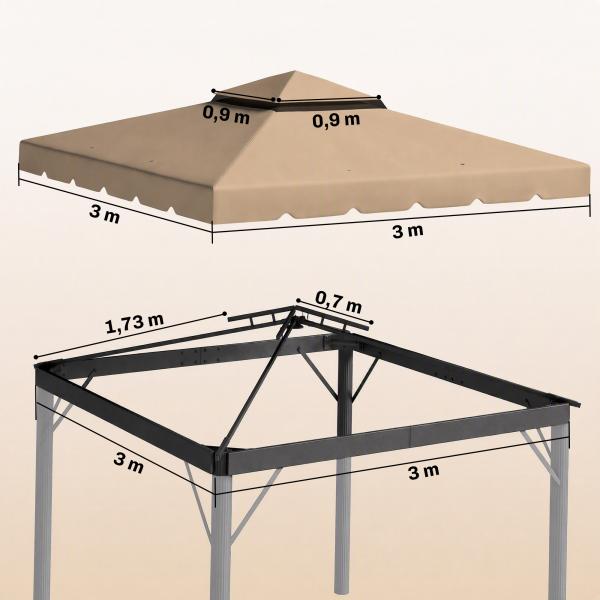 Cobertura de Substituição para Pérgola 300x300 cm com Duplo Teto e 8 Orifícios de Drenagem Cáqui