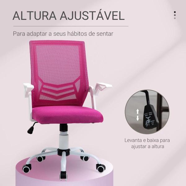 Cadeira de Escritório Ergonômica Giratória com Altura Ajustável Apoio para os Braços Dobrável Suporte Lombar e Encosto Transpirável 62,5x55x94 - 104cm Rosa