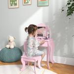 Toucador Infantil de Madeira com Banco e Espelho de Acrílico de 2 Seções Mesa de Maquilhagem Infantil 63x40x85,5 cm Rosa