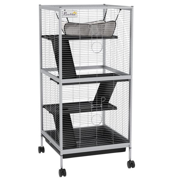 Gaiola para Roedores 52x52x113,5 cm Gaiola para Furões com Rodas 2 Portas 3 Rampas Rede Suspensa e Bandeja Removível Branco