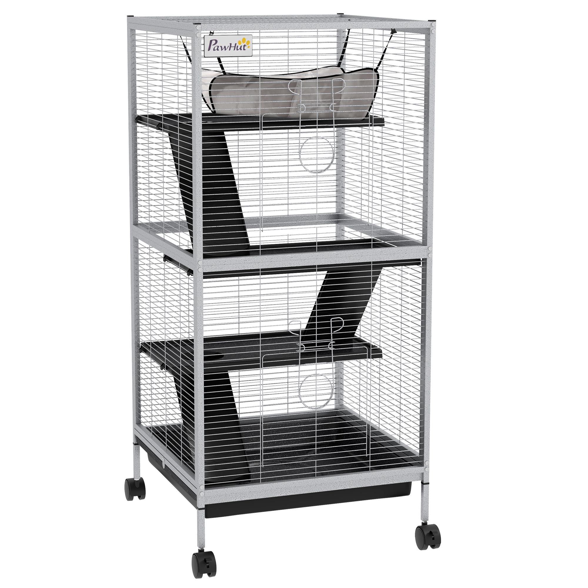Gaiola para Roedores 52x52x113,5 cm Gaiola para Furões com Rodas 2 Portas 3 Rampas Rede Suspensa e Bandeja Removível Branco