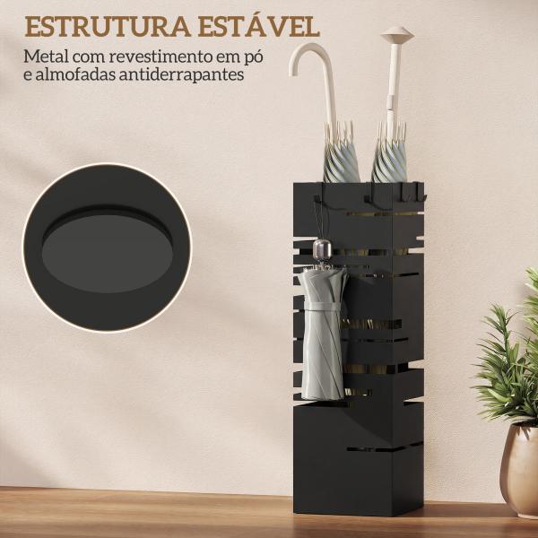 Suporte para Guarda Chuva Metálico com 4 Ganchos e Bandeja de Recolha de Gotas Removível 15,5x15,5x49 cm Branco