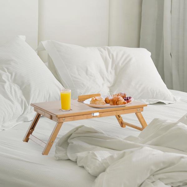 Mesa de Computador Portátil Bambu Dobrável Reclinado Altura ajustável Suporte Mesa de volta 1 Gaveta 55x35x22 - 30cm