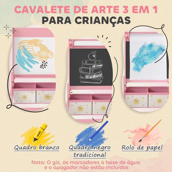 Cavalete de Pintura para Crianças 3 em 1 para Crianças acima de 3 Anos com Rolo de Papel e Cestos de Arrumação 54x46x94 cm Rosa