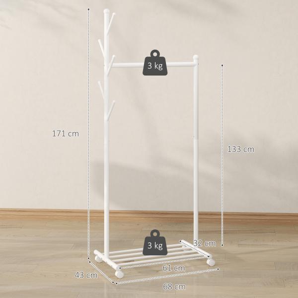 Charriot com Rodas 5 Ganchos Barra para Pendurar e Prateleira Inferior 68x43x171 cm Branco