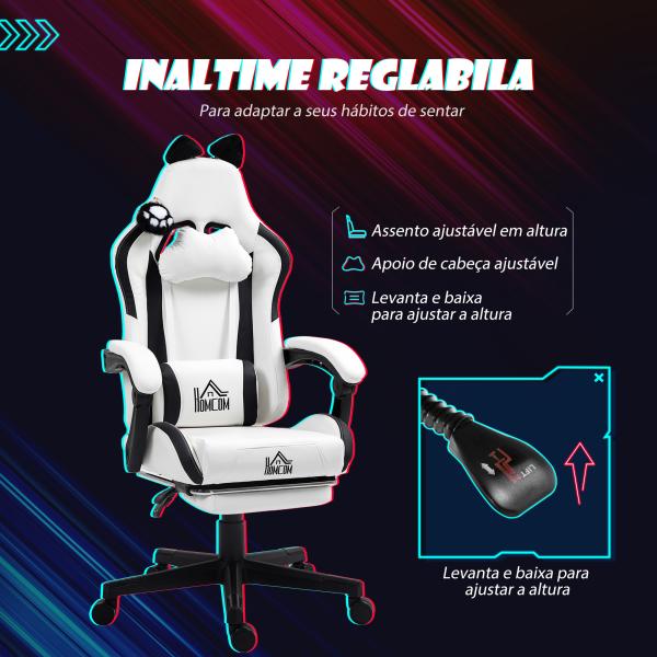 Cadeira Gaming com Orelhas Cadeira Gamer Reclinável com Altura Ajustável e Suporte Lombar 65x62x116 - 124 cm Branco