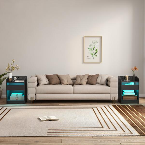 Mesa de Cabeceira com Luzes LED Gaveta Prateleira Estação de Carregamento Entrada USB e Controlo Remoto 40x40x58 cm Branco