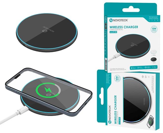 Base Carregador Qi Indução s/ Fios 15W p/ Smartphones (Preto) - NOVOTECK