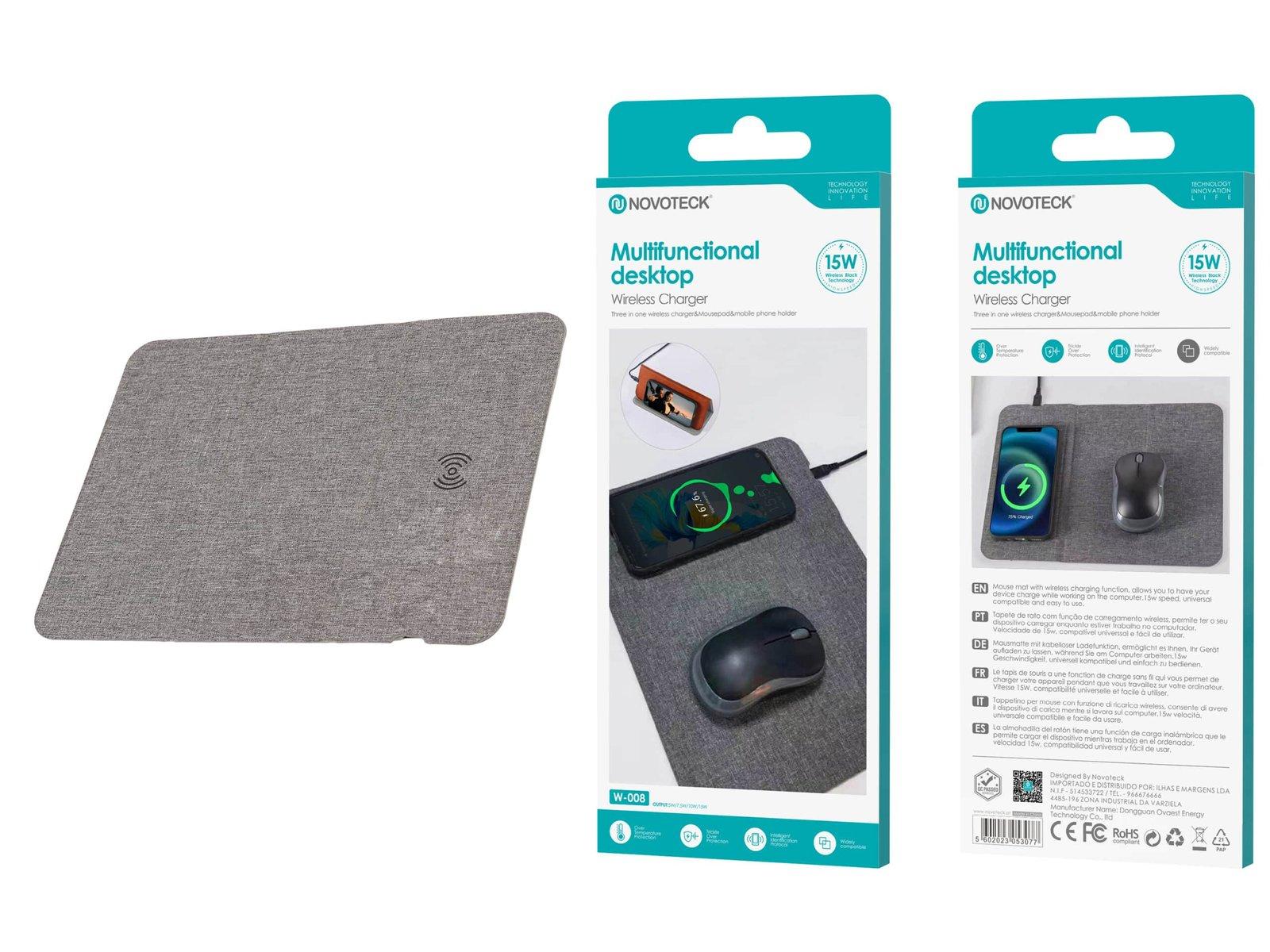 Tapete de Rato W-008 com Carregador Sem Fio - 15W, Tecido, Suporte Integrado, Compatível com Qi