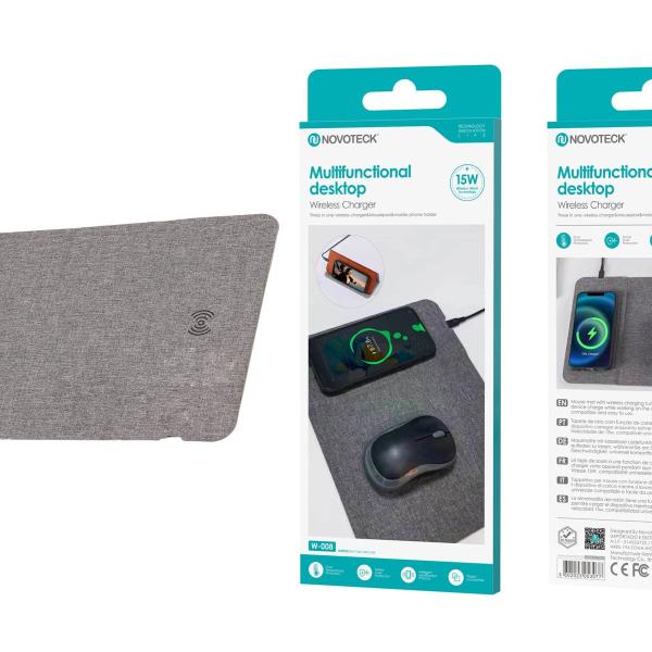 Tapete de Rato W-008 com Carregador Sem Fio - 15W, Tecido, Suporte Integrado, Compatível com Qi