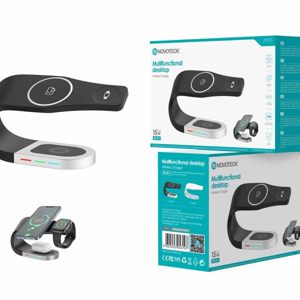 Estação de Carregamento Sem Fio 3-em-1 Novoteck W-011 - 15W, Carregador para Smartphone, Smartwatch e Fones, Indicadores LED