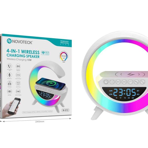 Alto-Falante Wireless 4-em-1 Novoteck W-012 – Carregador 15W, Relógio, Bluetooth, Luz RGB