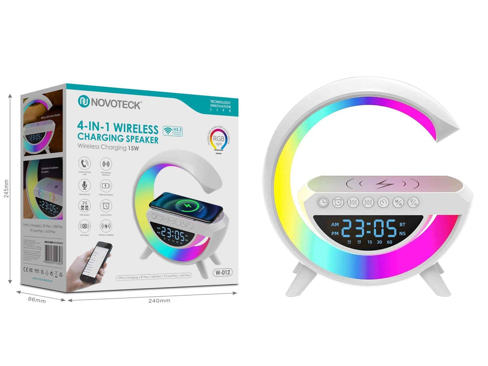 Alto-Falante Wireless 4-em-1 Novoteck W-012 – Carregador 15W, Relógio, Bluetooth, Luz RGB