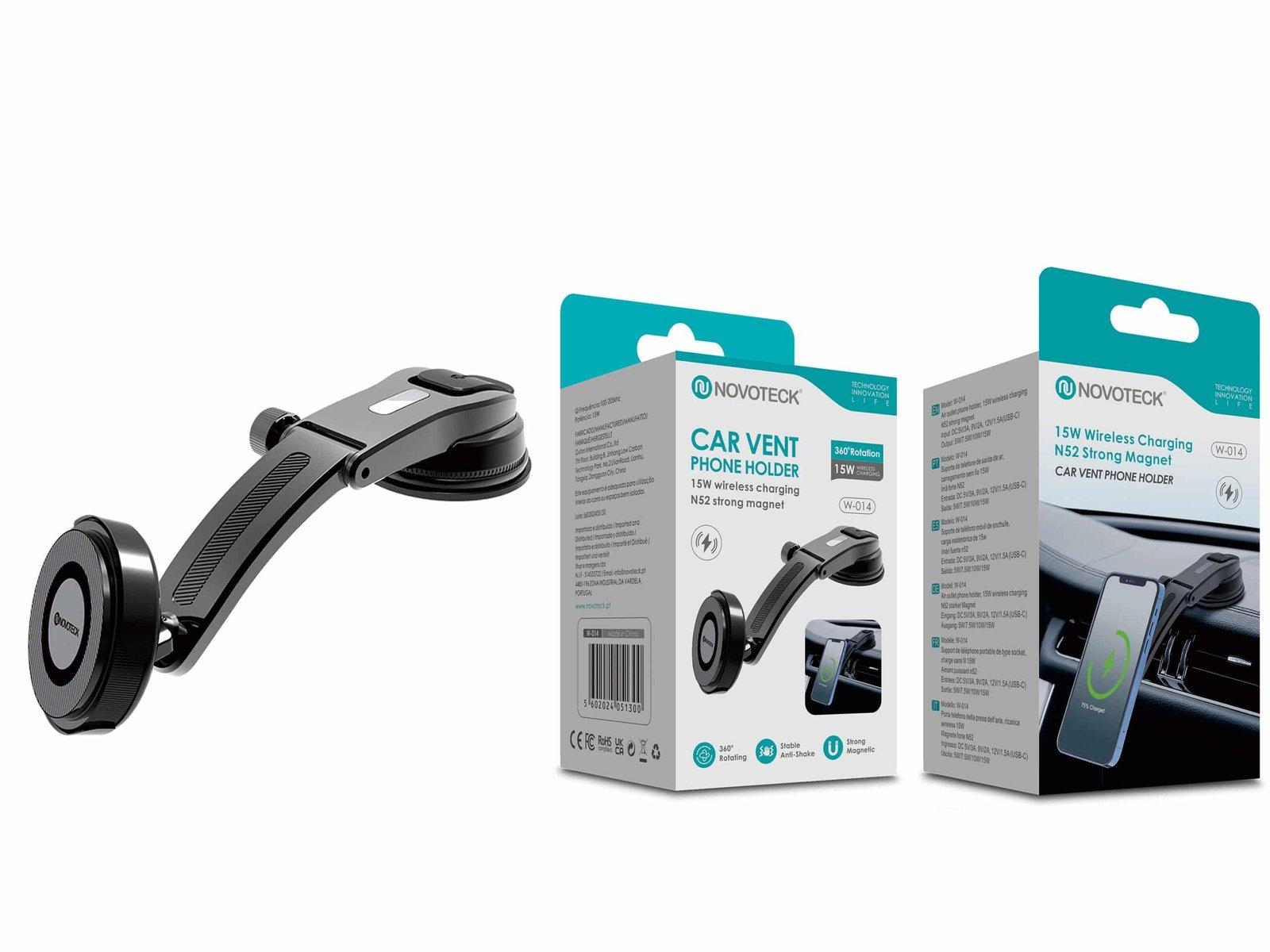 Suporte para Telemóvel com Carregamento Sem Fios de 15W – Íman N52 e Braço Ajustável para Saída de Ar W-014