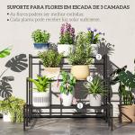 Suporte para Plantas de Três Níveis com Design em Escada e Estrutura Metálica Resistente para Interior e Exterior