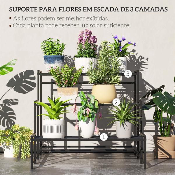 Suporte para Plantas de Três Níveis com Design em Escada e Estrutura Metálica Resistente para Interior e Exterior