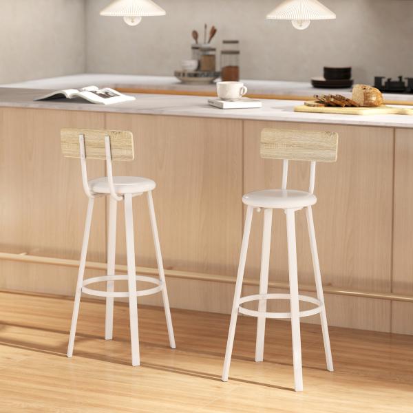 Conjunto de 2 Bancos de Bar Bancos Altos de Cozinha com Encosto e Apoio para Pés Estofados em PU Assento 41,5x36,5x99,5 cm Madeira e Branco