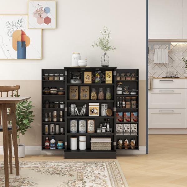 Armário de Cozinha com 2 Portas e 16 Prateleiras Armário de Cozinha Moderno com Prateleiras Ajustáveis 60x30x104 cm Preto