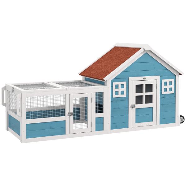 Coelheira Exterior de Madeira 162,5x59,2x77,6 cm Gaiola para Coelhos Grande com 2 Janelas Rodas Rampa e Teto Asfáltico Azul
