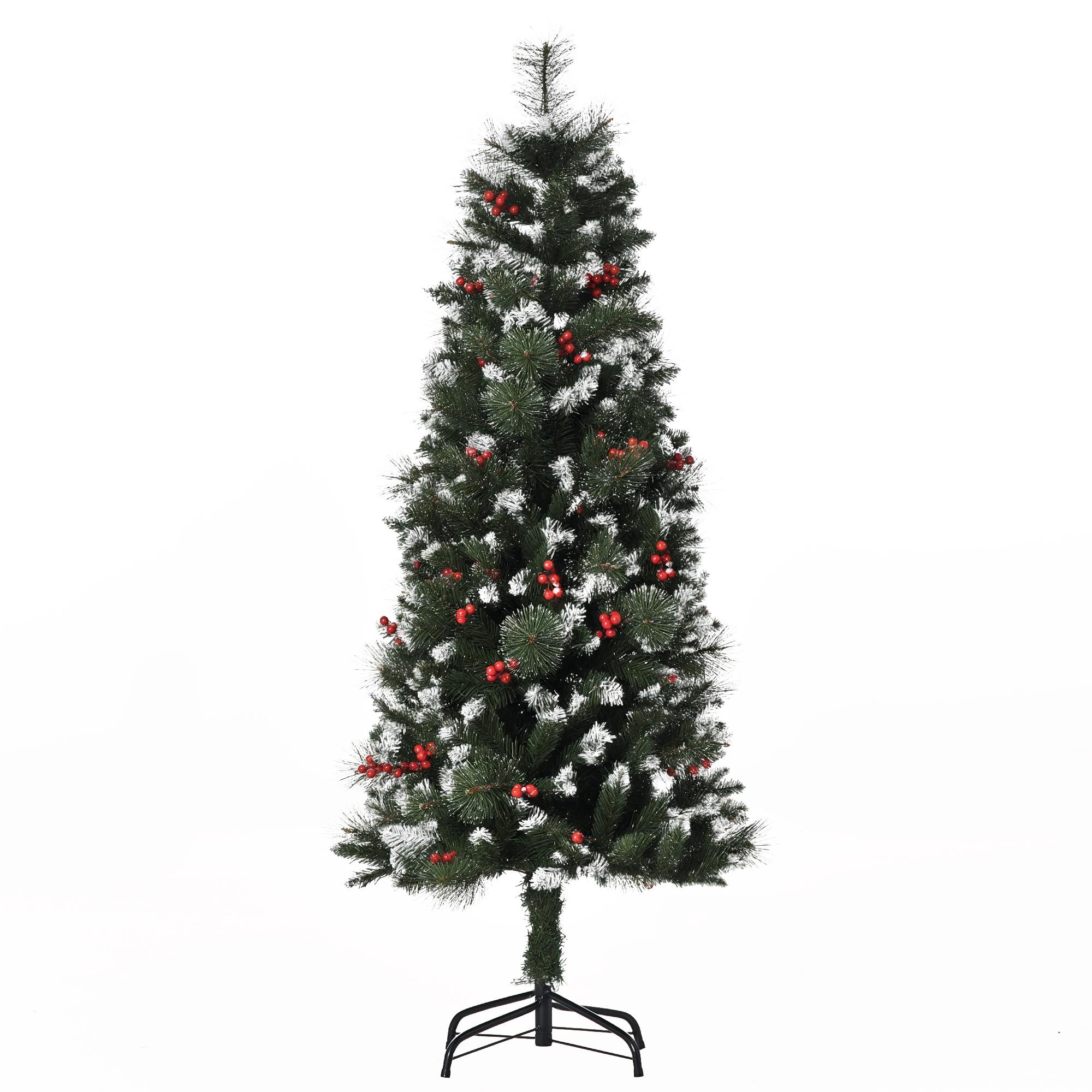Árvore de Natal Artificial 150cm Ignífugo com 360 Ramos 38 Bagas Folhas de PVC Base Dobrável e Suporte Metálico Verde
