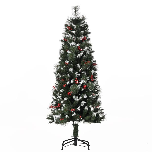 Árvore de Natal Artificial 150cm Ignífugo com 360 Ramos 38 Bagas Folhas de PVC Base Dobrável e Suporte Metálico Verde