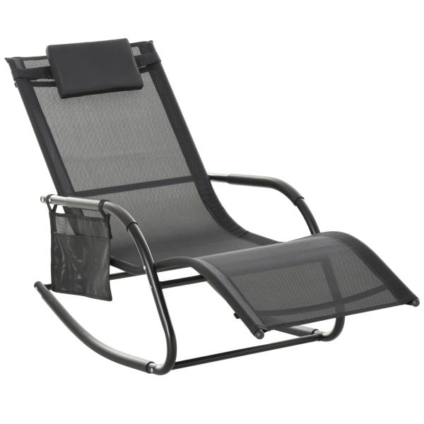 Espreguiçadeira Baloiço de Exterior com Apoio de Cabeça Acolchoado e Bolso Lateral 150x62x88 cm Preto