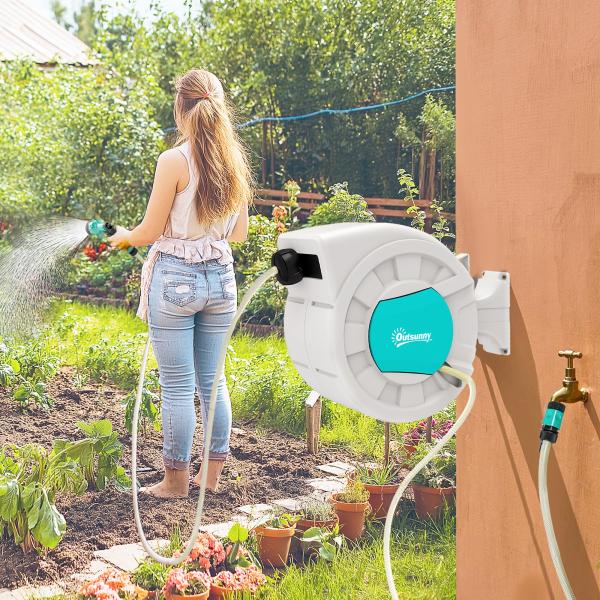 Carretel de Mangueira Retrátil de Parede de 25+2 m e Bloqueio de Retorno Automático Bocal com 7 Funções e Giro de 180° 55x20x42 cm Cinza Claro