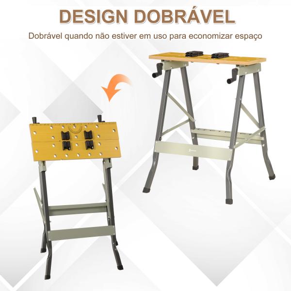 Banco de Trabalho Dobrável 4 em 1 Mesa de Trabalho com 4 Prensas 2 Manivelas 62,5x60,5x78,5 cm Madeira e Cinzento