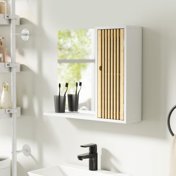 Espelho de Casa de Banho 60x50 cm Espelho de Parede com Porta de Ripas de Bambu Prateleiras de Arrumação Branco e Madeira