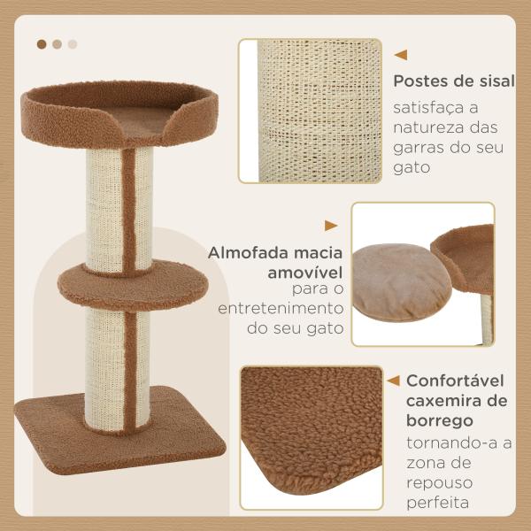 Arranhador para Gatos Altura 91 cm de 3 Níveis com Ninho Plataforma e Poste de Sisal 45x45x91 cm Marrom Claro