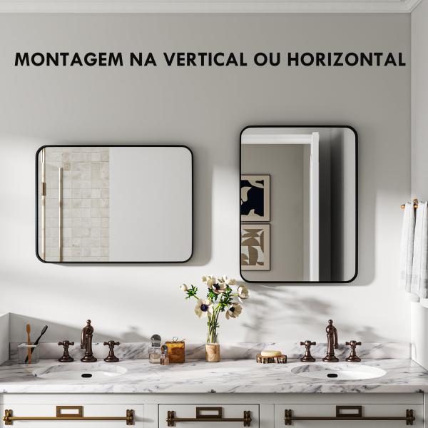 Espelho Casa de Banho 60x80 cm Espelho de Parede com Estrutura de Metal Vertical e Horizontal para Entrada Preto