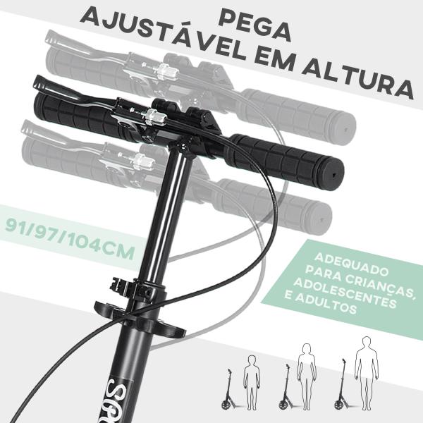 Trotinete Dobrável com Guiador Ajustável Rodas Grandes de 200mm Amortecimento e Travão Carga Máxima 100kg 91,5x36,5x91 - 104cm Verde