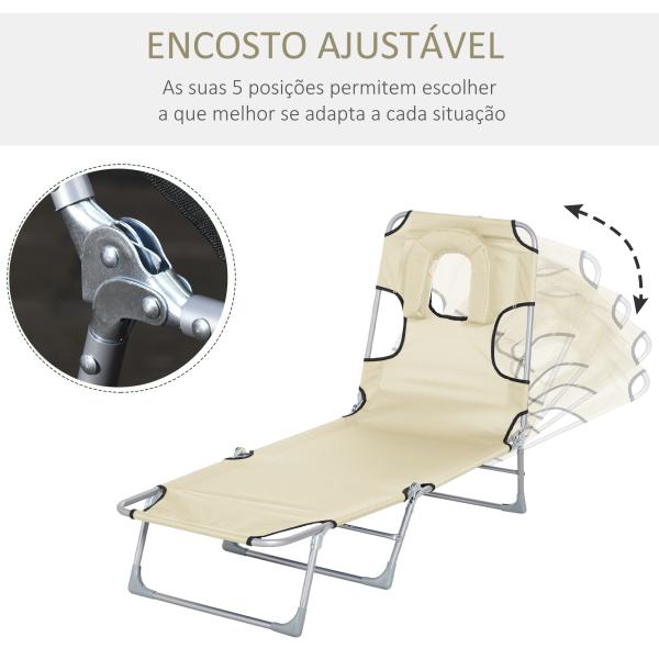Espreguiçadeira de Jardim Reclinável e Dobrável com Orifício de Leitura Apoio para Cabeça e Encosto Ajustável em 4 Níveis para Praia 182x56x24,5 cm Bege