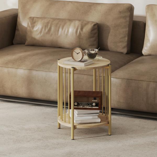 Mesa Lateral Redonda de 2 Níveis com Prateleira de Armazenamento e Estrutura de Aço para Sala e Quarto Ø41x49 cm Madeira