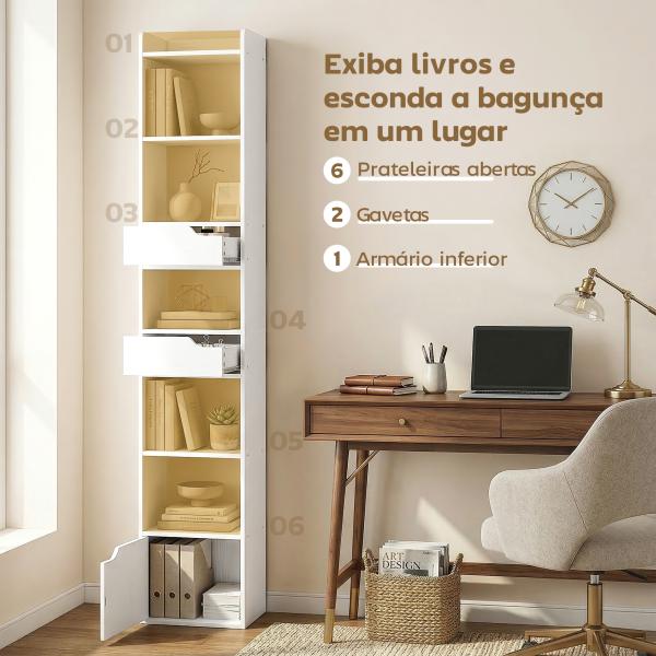 Estante para Livros com 2 Gavetas e Porta Estante Estreita com 6 Prateleiras Abertas 32x24x181,5 cm Branco