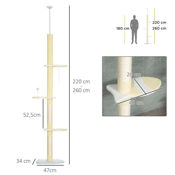 Árvore para Gatos do Chão ao Teto com Altura Ajustável 3 Plataformas Poste de Sisal e Bola para Brincar 47x34x220 - 260cm Creme