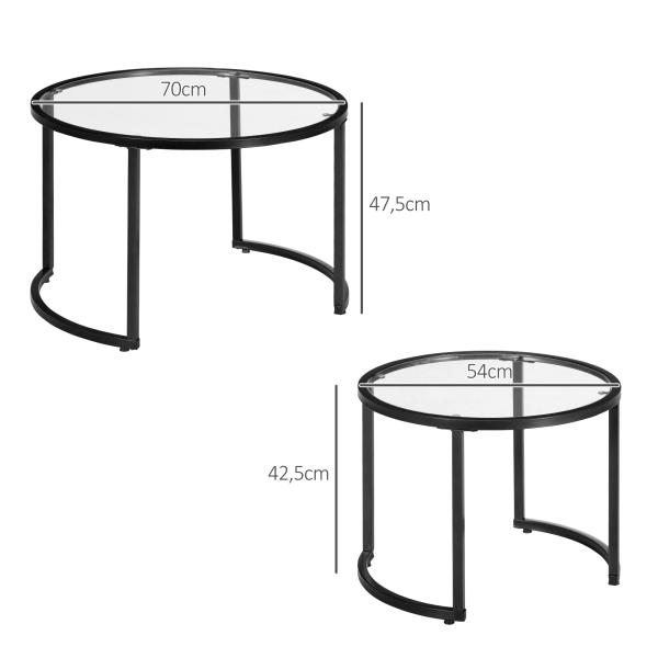 Conjunto de 2 Mesas de Apoio Redondas Bancada de Vidro Temperado e Estrutura de Aço Grande 70 cm Pequena 54 cm Preto e Transparente