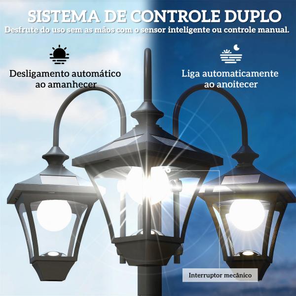 Candeeiro Solar de Jardim com Floreiras 3 Cabeças Impermeável IP44 Ligação/Desligamento Automático e Altura Ajustável 52x52x185 cm Preto