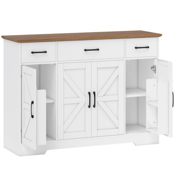 Aparador de Cozinha Rústico 4 Prateleiras de Porta Prateleiras Ajustáveis 3 Gavetas 120x38x87 cm Branco e Nogueira