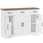 Aparador de Cozinha Rústico 4 Prateleiras de Porta Prateleiras Ajustáveis 3 Gavetas 120x38x87 cm Branco e Nogueira